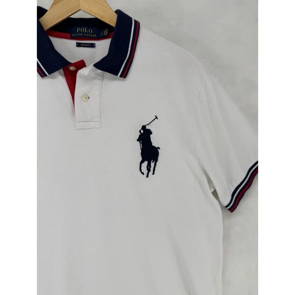 Polo Ralph Lauren Custom Fit Big Pony Polo Shirt Mens L White Navy Red Striped